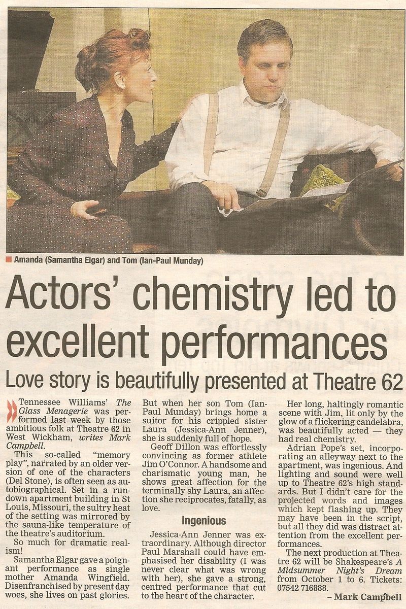 The Glass Menagerie - review in The Bromley Times